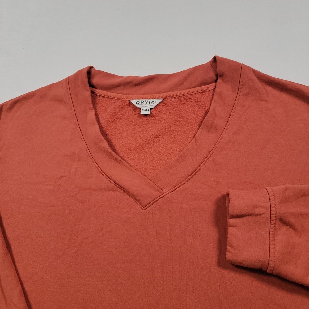Orvis Women Pullover Sweatshirt XL Burnt Orange‎ V Neck Fleece Stretch Casual